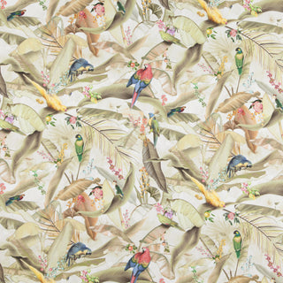 A fabric with a floral and bird pattern in various colors on a beige background.