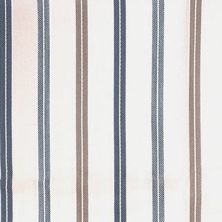 Close-up of a striped fabric with vertical lines in beige, white, and blue colors.