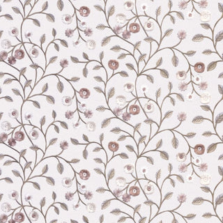 A floral pattern fabric with beige background and small pink and blue flowers with green leaves.