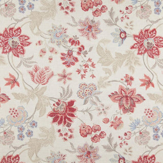 A floral patterned fabric featuring a variety of colors including red, blue, and green on a beige background.