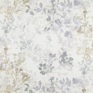 A floral patterned fabric in blue and gray tones on a white background.