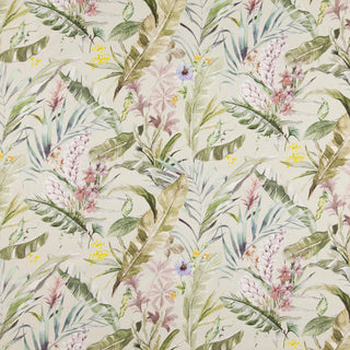 A multicolored fabric featuring a floral pattern with various shades of pink, green, and yellow on a white background.