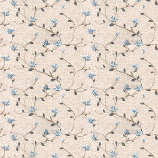 Beige fabric with a floral pattern in blue and gray tones.