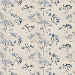 A beige fabric with a floral pattern featuring blue and gray leaves and plants.