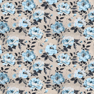 A floral pattern fabric with blue flowers on a beige background, part of the Alendel collection.