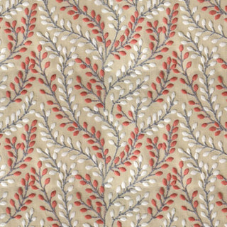 A fabric with a botanical pattern featuring leaves and small flowers in orange and blue colors on a beige background.