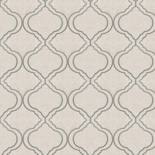 A beige fabric with a geometric pattern, featuring a series of connected shapes in a trellis design with blue accents.