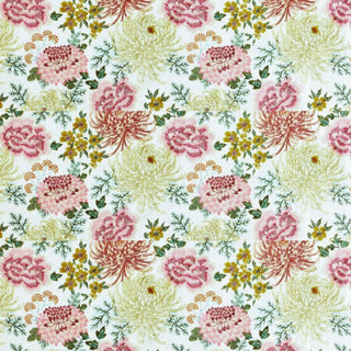 A floral patterned fabric featuring various colors including red, yellow, and green on a white background.