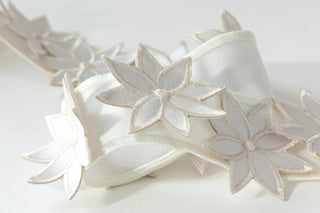 Samuel & Sons Bouquet Daisy Applique Border featuring three-dimensional embroidered starburst flower appliqués in cream and soft grey satin set on a ivory woven tape, designed for custom drapery leading edges and upholstery trim.