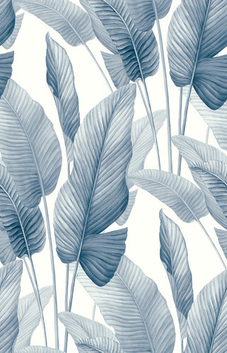 Crown Bali Tropical Mantra wallpaper featuring a crisp tropical banana leaf design. Detailed watercolor banana leaves in shades of dusty slate bluerise vertically against a clean white background, creating a serene, airy feel.
