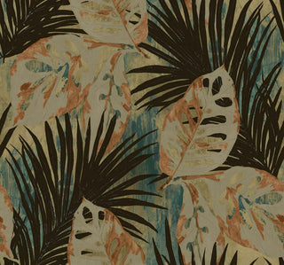 Crown Bali Tropical Karma wallpaper featuring a bold tropical leaf pattern. Large monstera leaves in beige and rust orange overlay dark black palm fronds set against a textured teal blue background for a vibrant, painterly wall statement.