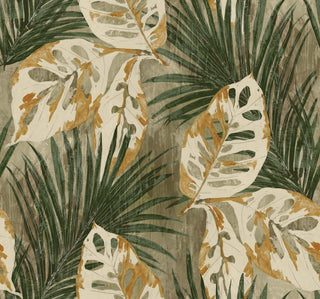 Crown Bali Tropical Karma wallpaper featuring a bold tropical leaf pattern. Large monstera leaves in white and gold overlay dark green palm fronds set against a textured beige background for a vibrant, painterly wall statement.