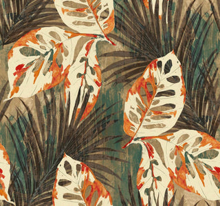 Crown Bali Tropical Karma wallpaper featuring a bold tropical leaf pattern. Large monstera leaves in white and rust orange overlay brown palm fronds set against a textured tan and teal blue background for a vibrant, painterly wall statement.