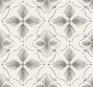 Crown Bali Tropical Sari wallpaper featuring a geometric floral motif. Stylized charcoal gray palm-like leaf medallions and curved accent lines form a repeating lattice pattern across a textured off-white background for elegant interior walls.