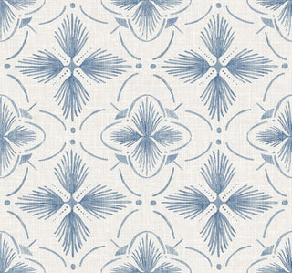 Crown Bali Tropical Sari wallpaper featuring a geometric floral motif. Stylized blue palm-like leaf medallions and curved accent lines form a repeating lattice pattern across a textured off-white background for elegant interior walls.