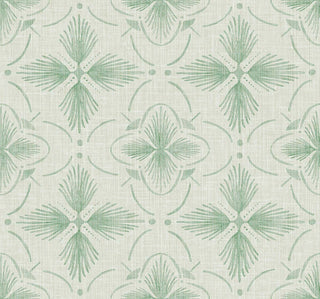 Crown Bali Tropical Sari wallpaper featuring a geometric floral motif. Stylized pale sage green palm-like leaf medallions and curved accent lines form a repeating lattice pattern across a textured off-white background for elegant interior walls.