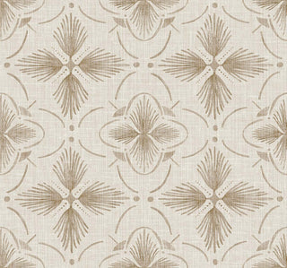 Crown Bali Tropical Sari wallpaper featuring a geometric floral motif. Stylized brown palm-like leaf medallions and curved accent lines form a repeating lattice pattern across a textured off-white background for elegant interior walls.