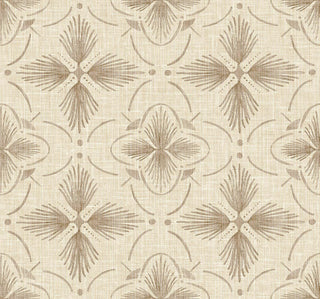 Crown Bali Tropical Sari wallpaper featuring a geometric floral motif. Stylized almond palm-like leaf medallions and curved accent lines form a repeating lattice pattern across a textured off-white background for elegant interior walls.