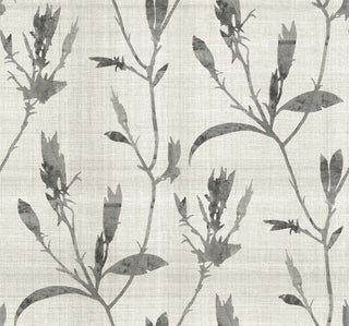 Crown Bali Tropical Banyu wallpaper featuring a botanical silhouette pattern. Delicate, watercolor-style floral branches and stems in charcoal gray overlay a subtle linen-textured light gray background, offering a soft, modern aesthetic.
