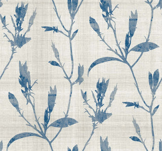 Crown Bali Tropical Banyu wallpaper featuring a botanical silhouette pattern. Delicate, watercolor-style floral branches and stems in blue overlay a subtle linen-textured light ocean blue background, offering a soft, modern aesthetic.