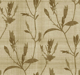 Crown Bali Tropical Banyu wallpaper featuring a botanical silhouette pattern. Delicate, watercolor-style floral branches and stems in dark tan overlay a subtle linen-textured sand background, offering a soft, modern aesthetic.