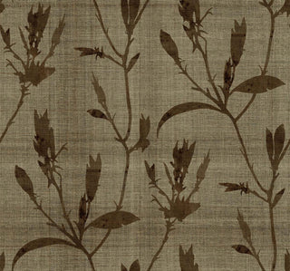 Crown Bali Tropical Banyu wallpaper featuring a botanical silhouette pattern. Delicate, watercolor-style floral branches and stems in brown overlay a subtle linen-textured hazel background, offering a soft, modern aesthetic.