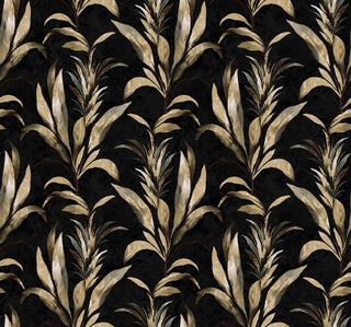 Crown Bali Tropical Padma wallpaper featuring a dramatic botanical design. Tall, stylized tropical leafy foliage in muted gold and taupe tones stands gracefully against a textured black background, creating a moody, sophisticated accent wall.