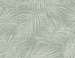 Crown Bali Tropical Jiva wallpaper featuring a tropical palm frond motif. Overlapping off-white palm leaves spread gracefully across a sage green woven linen-look background, offering a relaxed, coastal-inspired aesthetic for walls.