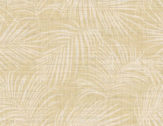 Crown Bali Tropical Jiva wallpaper featuring a tropical palm frond motif. Overlapping off-white palm leaves spread gracefully across a beige woven linen-look background, offering a relaxed, coastal-inspired aesthetic for walls.