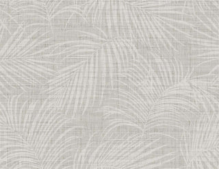 Crown Bali Tropical Jiva wallpaper featuring a tropical palm frond motif. Overlapping off-white palm leaves spread gracefully across a light grey woven linen-look background, offering a relaxed, coastal-inspired aesthetic for walls.