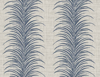 Crown Bali Tropical Aruna wallpaper featuring a vertical botanical design. Stylized navy blue palm frond plumes cascade in vertical stripes across a textured linen-look beige background, creating a refined tropical statement for walls.