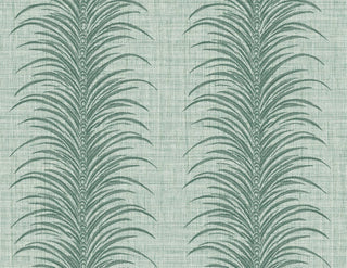 Crown Bali Tropical Aruna wallpaper featuring a vertical botanical design. Stylized muted sage green palm frond plumes cascade in vertical stripes across a textured linen-look light grey-green background, creating a refined tropical statement for walls.