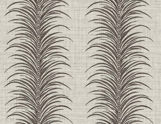 Crown Bali Tropical Aruna wallpaper featuring a vertical botanical design. Stylized dark brown palm frond plumes cascade in vertical stripes across a textured linen-look warm off-white background, creating a refined tropical statement for walls.
