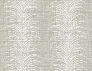 Crown Bali Tropical Aruna wallpaper featuring a vertical botanical design. Stylized white palm frond plumes cascade in vertical stripes across a textured linen-look beige background, creating a refined tropical statement for walls.