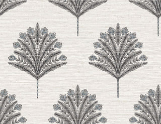 Crown Bali Tropical Harta wallpaper featuring a symmetrical motif. Stylized fan-shaped botanical motifs in charcoal black and soft slate blue accents repeat across a subtle, horizontally textured off-white background for an artisanal look.