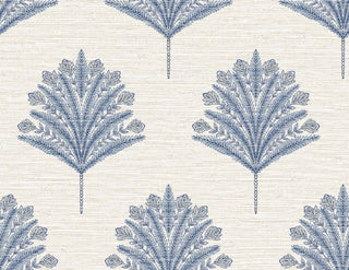 Crown Bali Tropical Harta wallpaper featuring a symmetrical motif. Stylized fan-shaped botanical motifs in bluerepeat across a subtle, horizontally textured off-white background for an artisanal look.