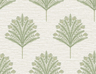 Crown Bali Tropical Harta wallpaper featuring a symmetrical motif. Stylized fan-shaped botanical motifs in sage green repeat across a subtle, horizontally textured off-white background for an artisanal look.