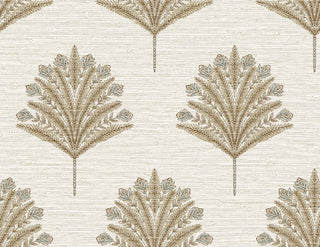 Crown Bali Tropical Harta wallpaper featuring a symmetrical motif. Stylized fan-shaped botanical motifs in warm beige and taupe accents repeat across a subtle, horizontally textured off-white background for an artisanal look.
