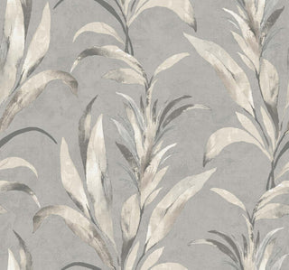 Crown Bali Tropical Padma-Metallic wallpaper featuring a subtle botanical design. Graceful silver and taupe tropical leaf foliage reaches upward across a soft, textured heather gray backdrop with a gentle metallic sheen for a chic look.
