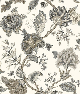 Crown’s Provence Aries wallpaper features large, detailed botanical illustrations of flowers, leaves, and branches in soft gray, beige, and muted brown on a warm cream background. The intricate linework and shaded petals create a vintage, hand‑drawn look with rich texture and depth, giving the pattern an elegant, classic French character suited to refined interiors.