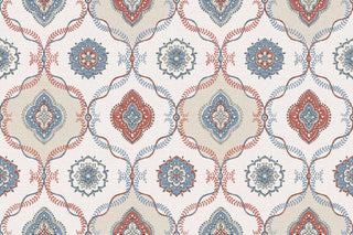 A close-up view of the Avignon wallpaper swatch from the Crown Provence collection. The pattern features a classic ogee trellis layout, formed by delicate, interlocking leafy vine borders in blue and red. Alternating compartments enclose intricate, circular floral mandalas and ornate, four-lobed medallion motifs. The elegant, symmetrical design is set against a warm cream background enhanced by a subtle linen-textured faux weave, creating a timeless and sophisticated aesthetic.