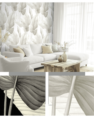 A styled interior scene showing a white sectional sofa with neutral pillows, a light wood coffee table, sheer curtains, and a large wall mural with oversized gray leaf patterns. Two inset close-up panels at the bottom show fabric texture details.