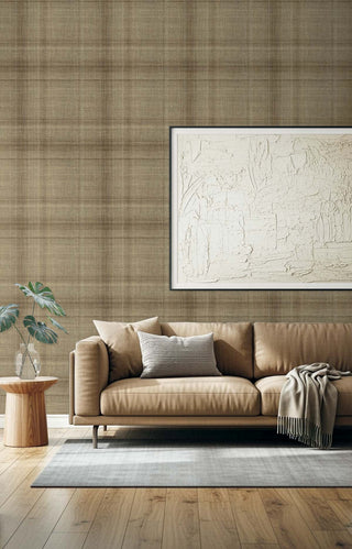 A styled living room scene featuring a tan leather sofa with neutral-toned cushions, a light gray rug, a small wooden side table with a plant, and a large framed abstract artwork on a textured beige plaid wall.