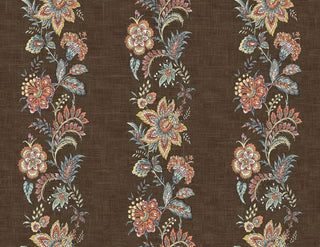 A close-up view of the Callas wallpaper swatch from the Crown Provence collection. The design features rich, vertical trails of intricate botanical florals, vines, and ornate blossoms in red, soft pink, blue, and beige tones. These vibrant, folk-inspired floral stripes repeat gracefully across a brown background. The backdrop is enhanced with a tactile, linen-look faux weave texture that gives the pattern a warm, high-end fabric appearance, blending rustic charm with elegant detail.