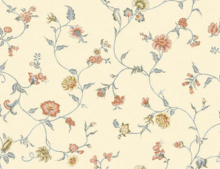 A close-up view of the Cassis wallpaper swatch from the Crown Provence collection. The pattern features a delicate, sprawling floral trail design with winding green stems, slender leaves, and dainty blossoms in soft shades of soft orange, muted yellow, and pale blue. The elegant, whimsical botanical trails gracefully intertwine across a light cream background. A subtle, linen-look faux weave texture runs throughout the backdrop, adding a gentle fabric-like depth to this traditional country-cottage print.