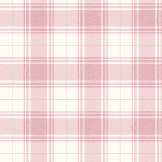 A close-up view of the Gordes wallpaper swatch from the Crown Provence collection. The pattern features a charming country cottage plaid design with soft raspberry and cream checks woven together. Accentuated by thin, delicate intersecting light blue lines, the classic tartan pattern is overlaid on a fine linen-textured faux weave. The subtle fabric-like backdrop lends warmth and depth to the crisp geometric lines, offering a sweet, traditional, and welcoming aesthetic