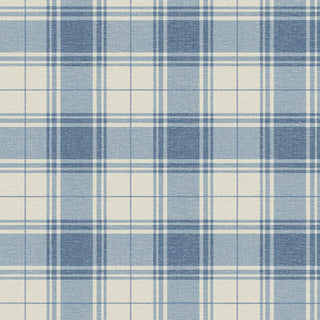 A close-up view of the Gordes wallpaper swatch from the Crown Provence collection. The pattern features a charming country cottage plaid design with soft blue and cream checks woven together. Accentuated by thin, delicate intersecting light blue lines, the classic tartan pattern is overlaid on a fine linen-textured faux weave. The subtle fabric-like backdrop lends warmth and depth to the crisp geometric lines, offering a sweet, traditional, and welcoming aesthetic