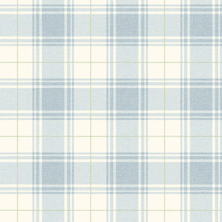 A close-up view of the Gordes wallpaper swatch from the Crown Provence collection. The pattern features a charming country cottage plaid design with sky blue and cream checks woven together. Accentuated by thin, delicate intersecting light blue lines, the classic tartan pattern is overlaid on a fine linen-textured faux weave. The subtle fabric-like backdrop lends warmth and depth to the crisp geometric lines, offering a sweet, traditional, and welcoming aesthetic