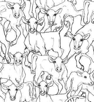 Crown Marimekko wallpaper featuring a playful, minimalist design. The pattern consists of fine black line-art sketches depicting a dense, overlapping herd of cows and calves facing various directions against a clean, solid white background.