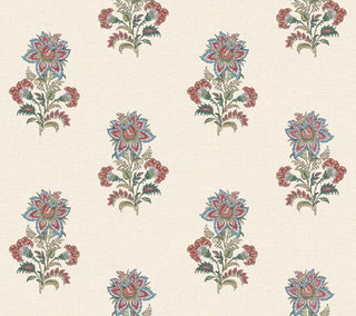 A close-up view of the Sellans wallpaper swatch from the Crown Provence collection. The pattern features an elegant, repeating Indian block-print inspired floral motif arranged in a staggered, half-drop layout. Each delicate botanical sprig showcases a prominent stylized blossom surrounded by smaller buds and detailed foliage in soft shades of French blue, reds, and green. The intricate design is set against a clean, warm cream background, offering a serene, traditional aesthetic.